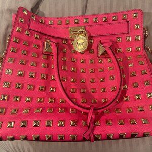 Michael Kors Hot Pink Studded Tote – Gold Pyramid Studs – Designer Handbag